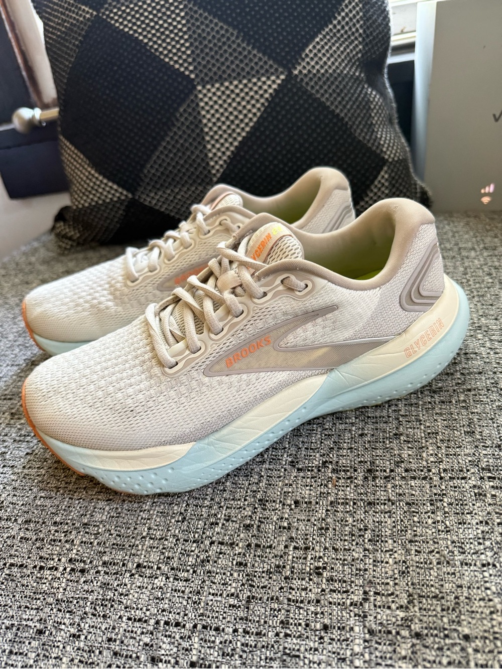 Brooks Women's Beige Running Shoes with Light Blue Soles and Peach Accents